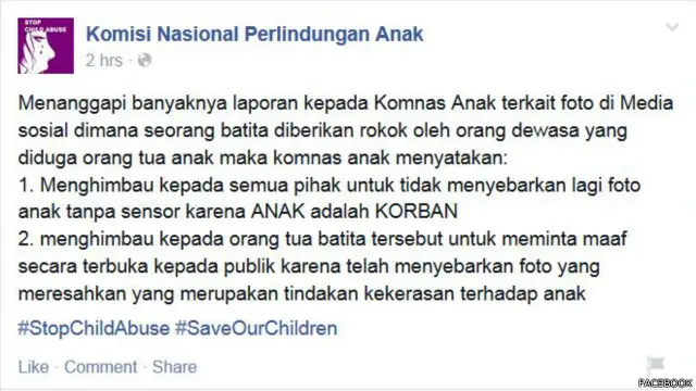 Dalam akun Facebook, KPAI menghimbau para pengguna media sosial untuk tidak menyebar foto anak tersebut.