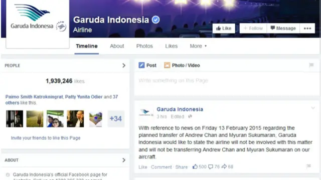 Pernyataan Garuda Indonesia dalam laman Facebook Australia.