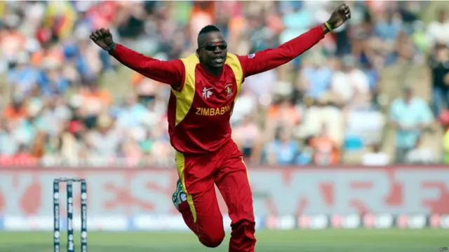 یہاں زمبابوے کے تفادزوا کامنگوزی کو ڈی ویليئرز کے وکٹ کا جشن مناتے دیکھا جا سکتا ہے۔