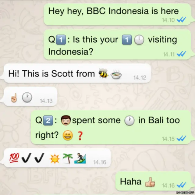 Sebelum ke Jakarta, Scott Lamb menyempatkan diri berkunjung ke Bali. Inilah kesannya terhadap Bali melalui emoji. 