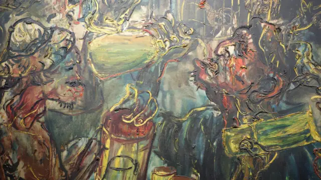 Detil "Minum Tuak," sebuah karya Affandi dalam warna cenderung gelap. Latar adu ayam dan anjing mempergelap suasana lukisan. 