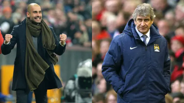 拜仁主帥瓜迪奧拉(左)和曼城主帥佩萊格里尼