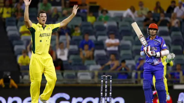 آسٹریلین بولر جوش ہیزل وُڈ اپیل کرتے ہوئے انھوں نے دو کھلاڑیوں کو آؤٹ کیا