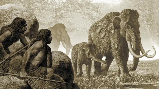 Dibujo de una escena de caza de un neandertal 