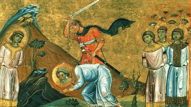 شهادت حارث قدیس؛ نقاشی بیزانسی از صحنه قتل حارث قدیس (سنت آرتاس) رهبر مسیحیان نجران در دوره حکومت ذونواس