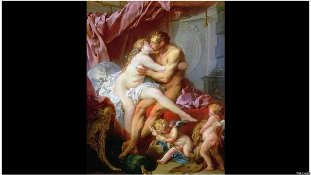 Hercules và Omphale, 1735. Việc mô tả hôn hít trong hội họa thời kỳ Phục Hưng lại rất hiếm một cách đáng ngạc nhiên, bạn có thể dễ trông thấy tranh thánh Judas ôm hôn Chúa Jesushơn là trông thấy hai tình nhân chập môi hôn nhau. Nhưng vào đầu thế kỷ 18, với sự phát triển của trào lưu Rococo thì tình dục lại trở thành chủ đề thường thấy hơn ở những họa sĩ nhiều tham vọng. Tại tranh này François Boucher, một trong những họa sĩ danh tiếng của Pháp thuộc trường phái cũ, mô tả người hùng lực sĩ Hy Lạp ở trên giường cùng Omphale, hoàng hậu xứ Lydia, là chủ nô của lực sĩ trong một năm.