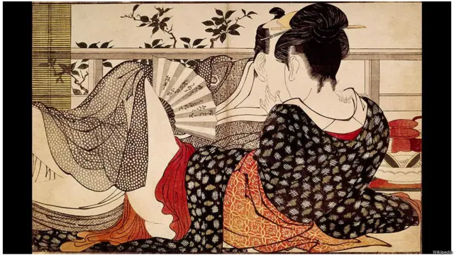 Thi Ca Chăn Gối, 1788. Dâm đãng là chủ đề xuyên suốt của tranh in Nhật Bản triều đại Edo, và Utamaro Kitagawa đã tập trung đặc biệt vào mô tả luyến ái và tình dục trong nghệ thuật của mình. Đây là một trong những hình ảnh trong trắng hơn trong tập tranh nổi trội của ông, Thi Ca Chăn Gối, một chu kỳ 12 bản in về sức mãnh liệt thể xác gần như có một không hai. Về sau này các nghệ sĩ Phương Tây, đặc biệt là Édouard Manet và Henri de Toulouse-Lautrec, đã chuyển đổi theo lối vẽ của Nhật Bản, như bức tranh này, để mô tả chân thực các cặp tình nhân và gái hạng sang.
