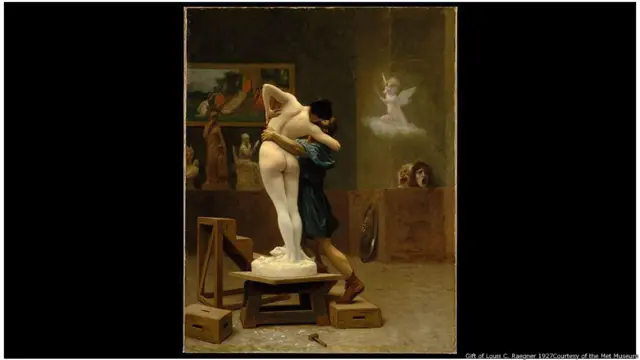 Pygmalion và Galatea, khoảng 1890. Mặc dù ngày nay ông là người được biết đến nhiều nhất qua những bức tranh trường phái Đông Phương về phụ nữ ở hậu cung và những người dụ rắn, Jean-Léon Gérôme cũng có nhiều tranh vẽ và tượng về đề tài Pygmalion, đó là chuyện một nhà điêu khắc mê say đắm chính tác phẩm của mình. Tuy rằng chuyện hoang đường Pygmalion, nổi tiếng trước tiên là do Ovid và sau đó là do George Bernard Shaw, tồn tại như một suy nghĩ lạ lùng và dễ chịu về tình yêu hạnh phúc mãi về sau nhưng nó còn là biểu tượng của sự sáng tạo nghệ thuật và của biên giới trơn trượt nguy hiểm giữa cái thực tế và cái coi là lý tưởng.