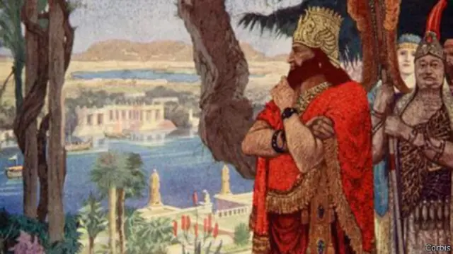 رسم توضيحي من أوائل القرن العشرين يظهر نبوخذ نصر وهو يشاهد حدائق بابل المعلقة