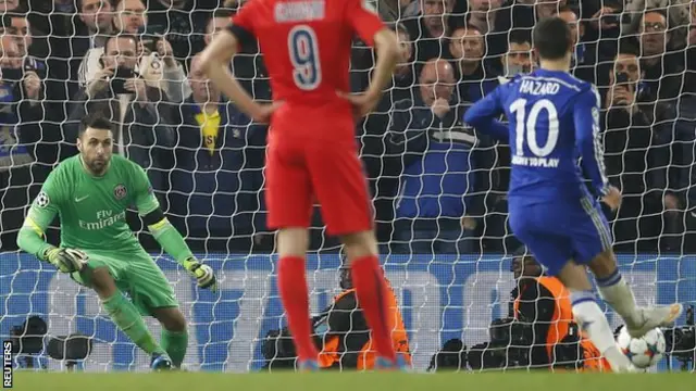 Eden Hazard đưa Chelsea dẫn trước ở hiệp phụ thứ nhất lên 2-1 bằng quả penalty và là bàn thắng thứ 5 của anh ở  Champions League.