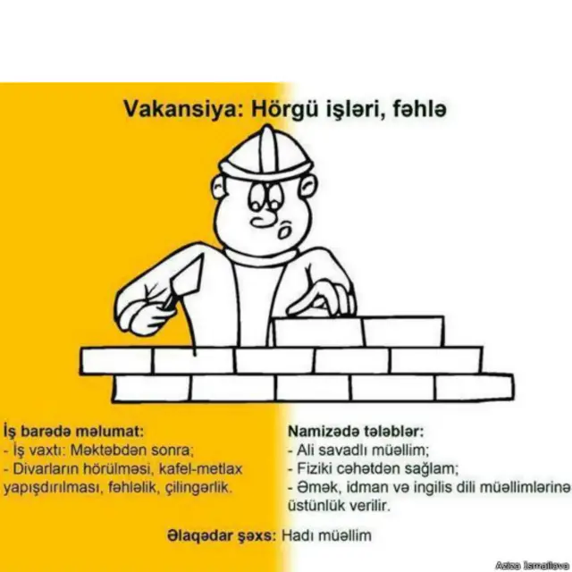 Fəhlə işinə müəllimlik bacarıqları olan şəxsin axtarıldığı barədə elan karikaturası yayılıb.