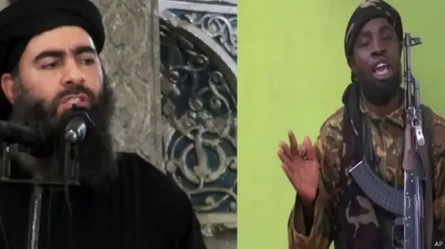 بوکو حرام په تېره یکشنبې د اسلامي دولت له مشر ابو بکر البغدادي (کیڼ لاس ته) سره بیعت وکړ.