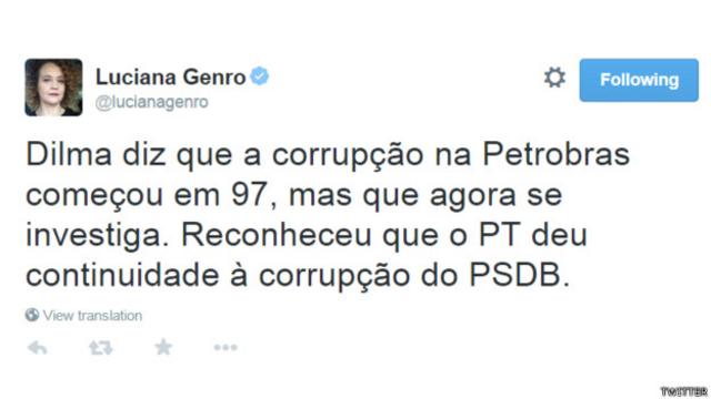 Luciana Genro: "Dilma diz que a corrupção na Petrobras começou em 97, mas que agora se investiga. Reconheceu que o PT deu continuidade à corrupção do PSDB"