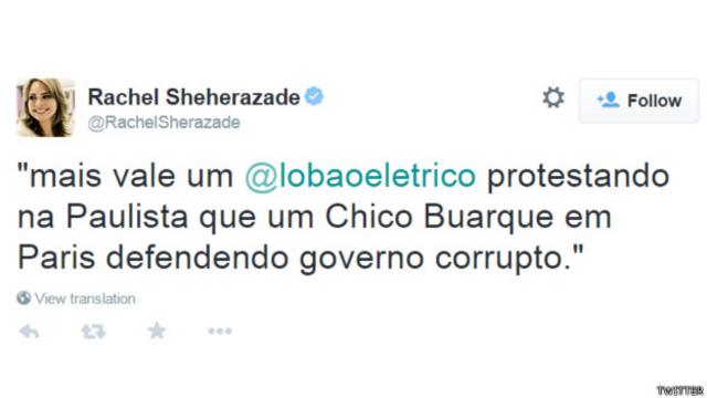Raquel Sheherazade: "Mais vale um @lobaoeletrico protestando na Paulista que um Chico Buarque em Paris defendendo governo corrupto." 