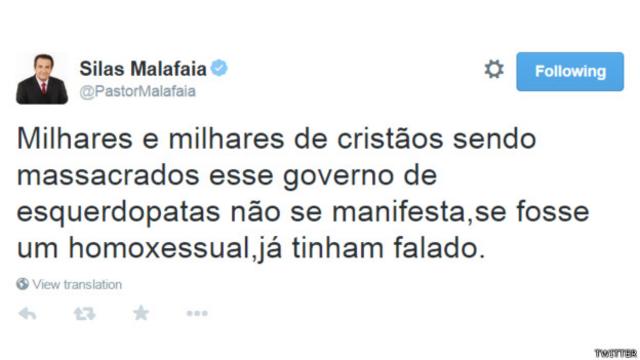 Silas Malafaia: "Milhares e milhares de cristãos sendo massacrados esse governo de esquerdopatas não se manifesta,se fosse um homoxessual (sic), já tinham falado".

