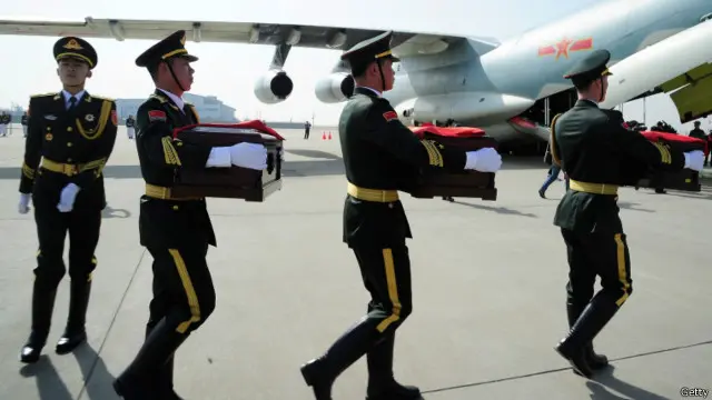 志愿军遗骸覆盖了中国国旗。然后由中方礼兵护送上运送遗骸的中国空军伊尔76运输机