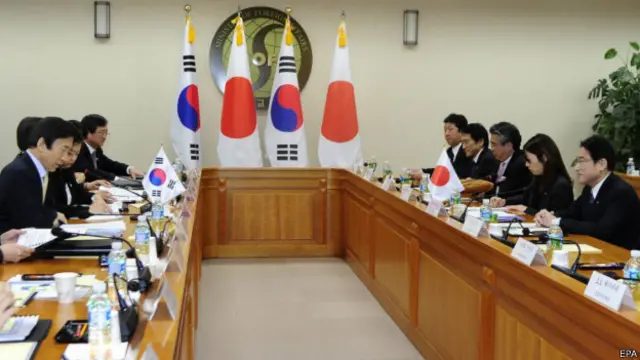 日本外相岸田文雄与韩国外交部长官尹炳世周六举行了双边会谈。