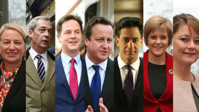 Lãnh đạo các đảng phải chính trị tại Anh: Natalie Bennett, Nigel Farage, Nick Clegg, David Cameron, Ed Miliband, Nicola Sturgeon, Leanne Wood.