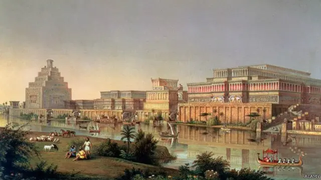 رسم يصور القصور التي بناها الملك الآشوري آشور بانيبال كما تصورها أوستن هنري لايارد. 