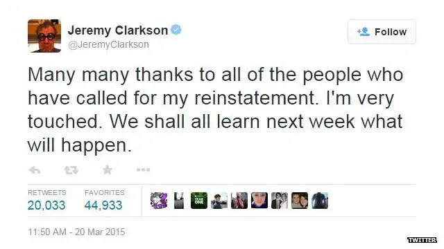 كلاركسون وجه الشكر لأنصاره عبر تدوينة بموقع تويتر