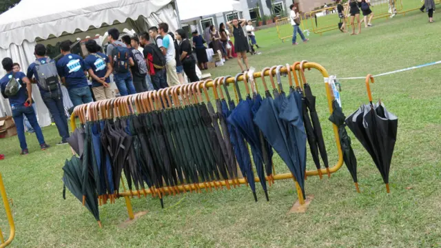 政府大厦大草场外给排队民众使用的雨伞(BBC中文网图片26/3/2015)