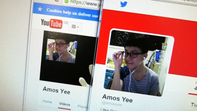 余澎杉的YouTube（左）与Twitter头像（BBC中文网图片30/3/2015）