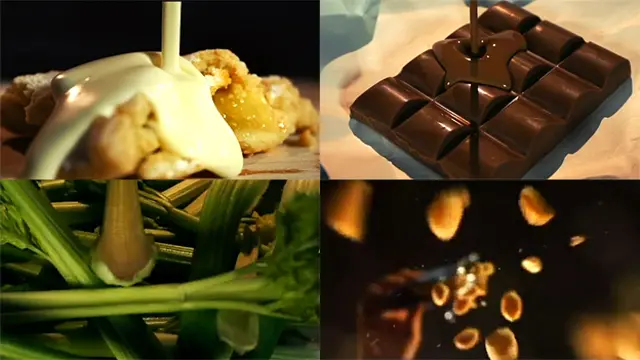 Una porción de pastel de manzana con crema... Una barra de chocolate... Dos baldes grandes de apio, el alimento menos calorífico... Y, ¿cuántas bolsitas de maní?: apenas una.