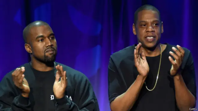 Kanye West y Jay Z durante el acto de presentación de Tidal.