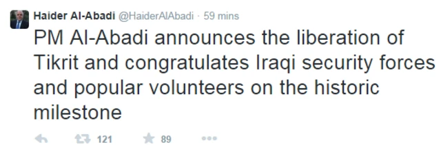 Irak Başbakanı mesajında, 'Tikrit'i kurtartan ordu ve halk gönüllülerini' kutladı.