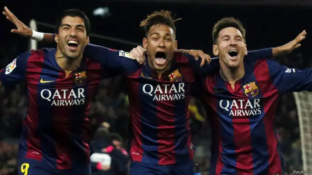 Luis Suárez, Neymar y Lionel Messi. Uruguay, Brasil y Argentina, la delantera del FC Barcelona.