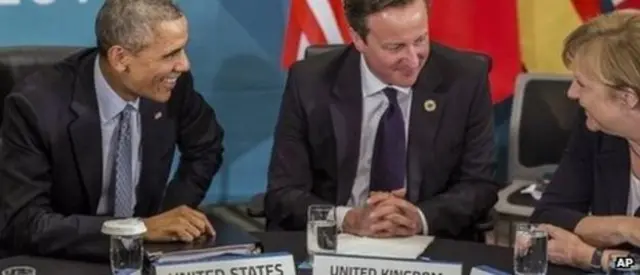 Barack Obama, David Cameron y Angela Merkel 