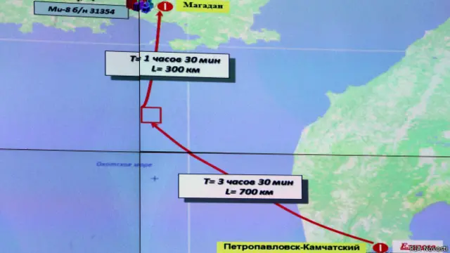 Карта Охотского моря с указанием места кораблекрушения траулера "Дальний Восток"