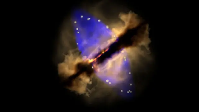 1996 لی جانے والی اس تصویر میں گول شکل کا گیس کا غبار (نیلے رنگ میں) نظر آتا ہے