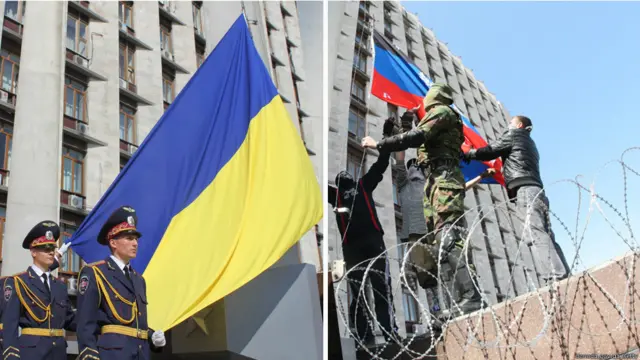 В День Независимости Украины возле Донецкой администрации традиционно поднимали государственный флаг, но весной 2014 над зданием запестрел флаг сепаратистской "республики".