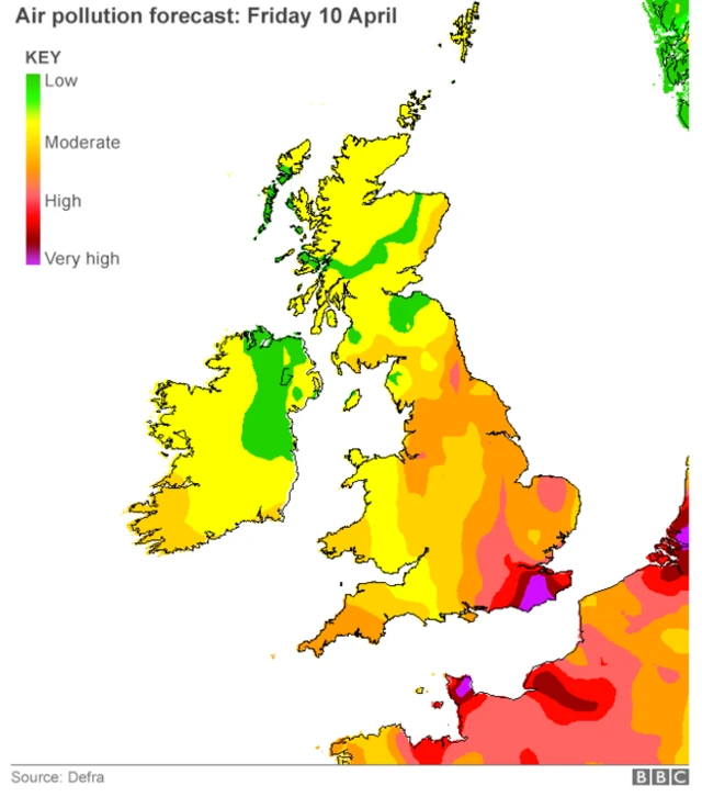 4月10日周五的空气污染预报：绿色为最低，下面红色为最高