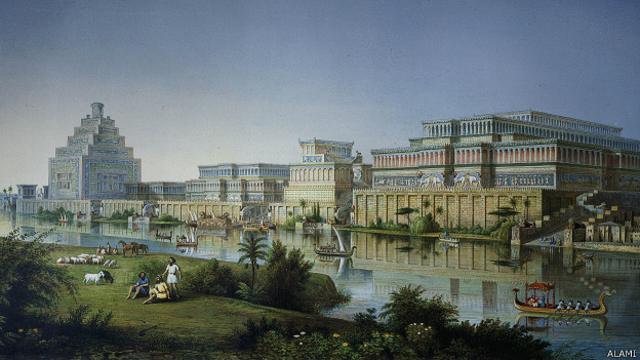 Una reconstrucción de los palacios construidos por el rey asirio Asurbanipal por Austen Henry Layard