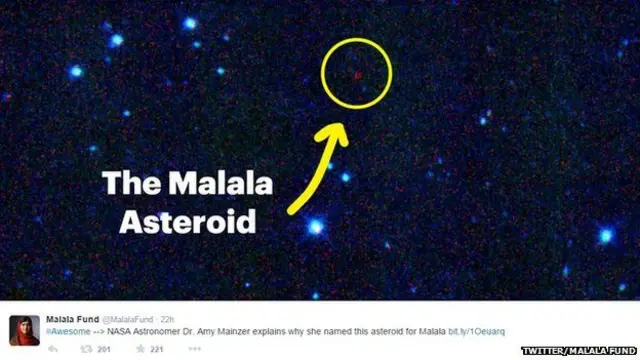 Posisi Asteroid yang disebutkan dalam akun Twitter Yayasan Malala
