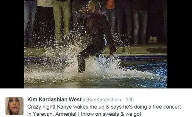 توییت کیم: چه شبی! کانیه از خواب بیدارم کرد و گفت که میخواد تو ایروان کنسرت مجانی بده! من هم یه گرمکن پوشیدم و زدیم بیرون.