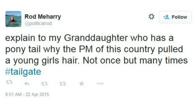اس بارے ٹوئٹر پر ہیش ٹیگز tailgate# اور ponytailgate# کے ذریعے بحث ہو رہی ہے