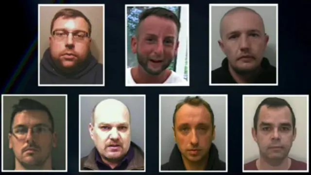 اس تصویر میں اوپر کے تین افراد پر ایک انتہائی کم سن بچے، ایک کم سن بچے اور ایک کم عمر بچے کے ساتھ ریپ اور جنسی استحصال کرنے کا جرم ثابت ہوا جبکہ نیچے موجود چار افراد نے ایسے جرائم کرنے کو کوشش کی