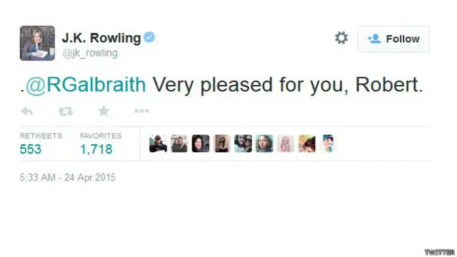 JK Rowling menyatakan sangat gembira kepada Robert Galbraith atas rampungnya novel detektif ketiga.