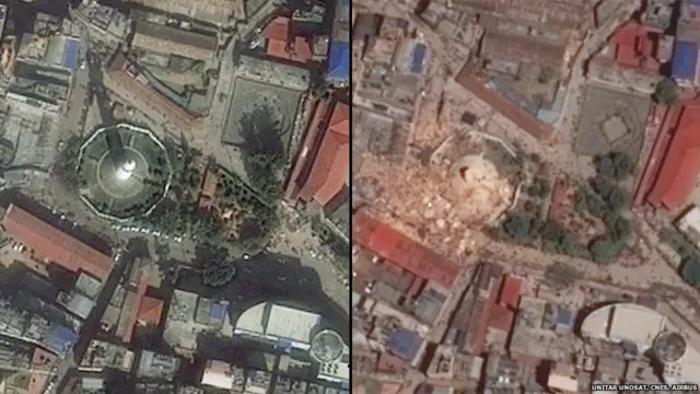 دہراہرا ٹاور کی زلزلے سے پہلے اور بعد کی سیٹلائٹ تصاویر