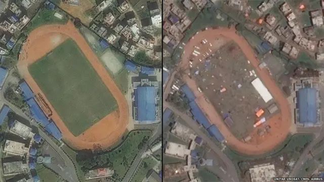 کھٹمنڈو سٹیڈیم کی زلزلے سے پہلے اور بعد کی سیٹلائٹ تصویر