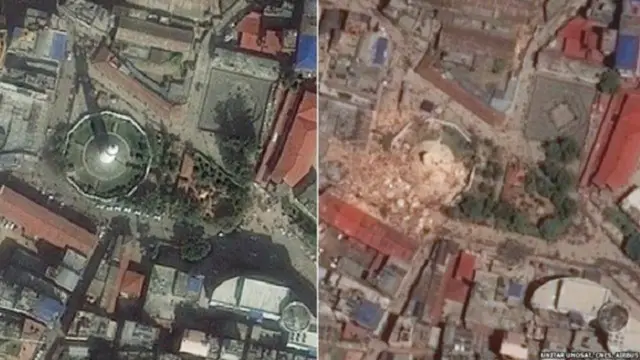 صورة لإحدى المناطق قبل الزلزال وبعده تظهر حجم الدمار الذي خلفه