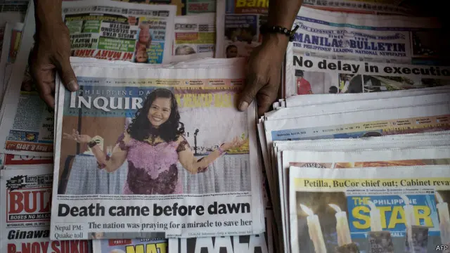 Nada kesedihan koran-koran FIlipina di hari jelang jadwal eksekusi, dengan foto Mary Jean Veloso.