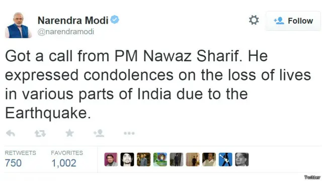 ’وزیراعظم نواز شریف کی کال موصول ہوئی جس میں انہوں نے بھارت کے مختلف حصوں میں زلزلے سے تباہی ہر اظہارِ افسوس کیا‘