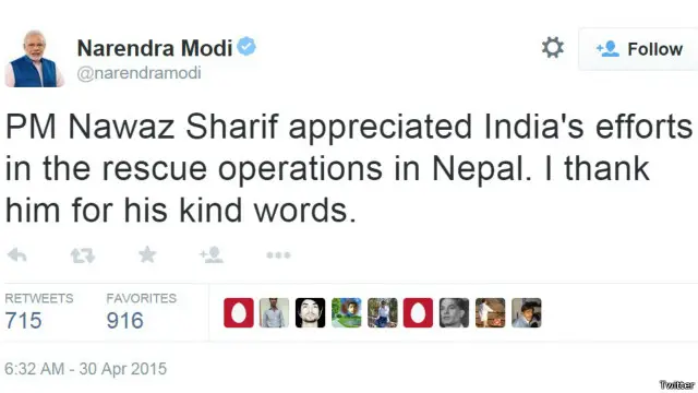 ’وزیراعظم نواز شریف نے بھارت کی نیپال میں کوششوں کو سراہا اور میں نے ان کا شکریہ ادا کیا‘