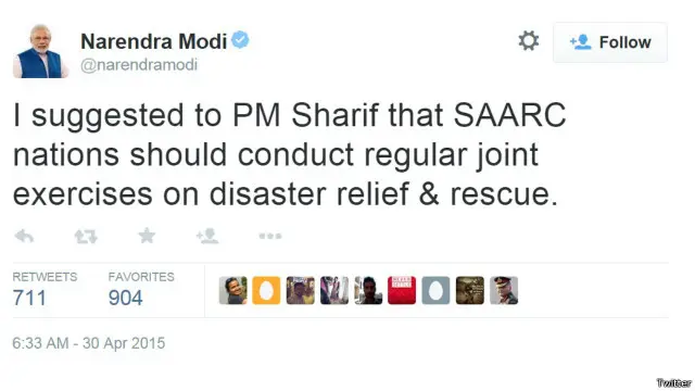 ’میں نے وزیراعظم نواز شریف کو تجویز دی کہ سارک ممالک کو قدرتی آفات کے بعد امدادی اور بچاؤ کی کارروائیوں کے لیے مشترکہ مشقیں کرنی چاہیں‘