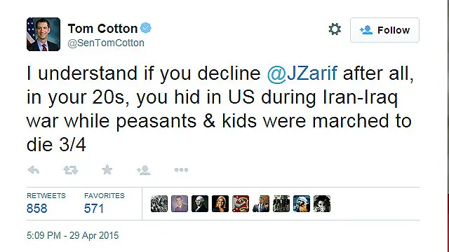 سناتور کاتن آقای ظریف را به "بزدل" بودن در جریان جنگ ایران و عراق، و پنهان شدن در آمریکا متهم کرد