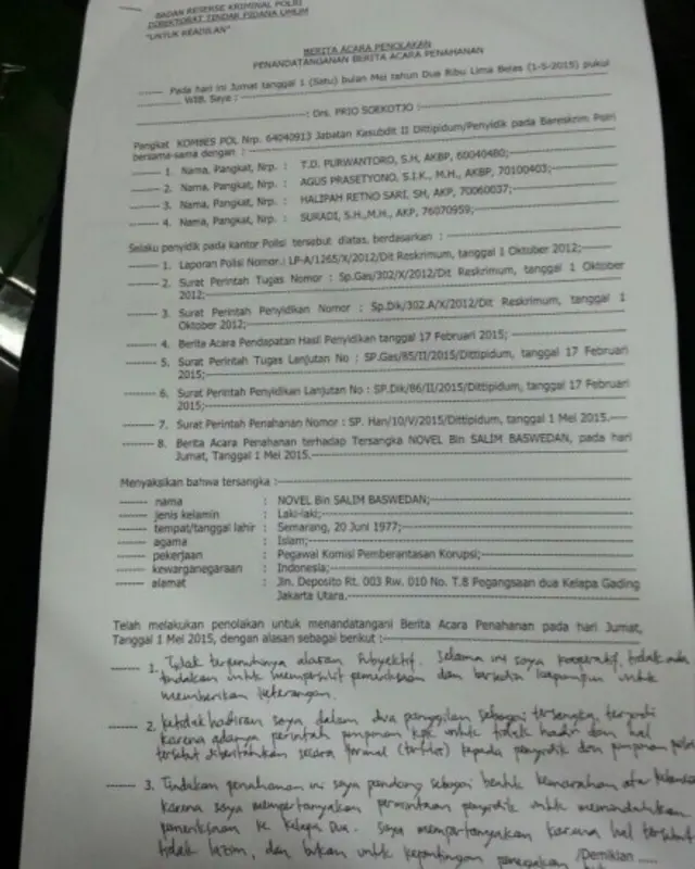 Novel Baswedan menolak menandatangani berita acara pemeriksaan